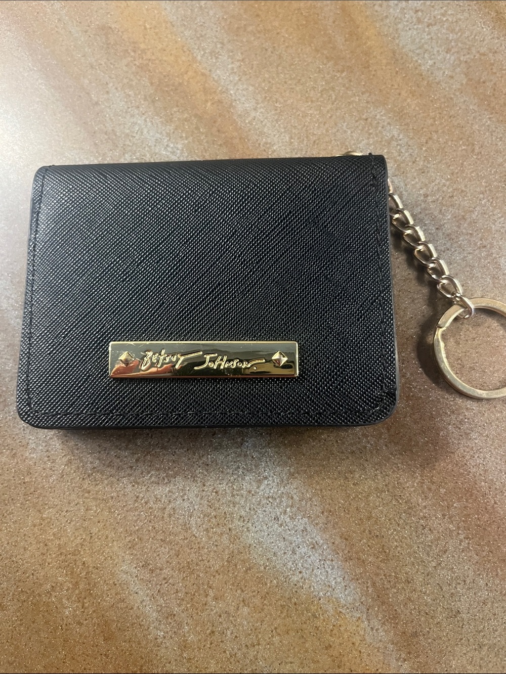 Betsey Johnson Black Saffiano Card Holder with Gold Keyring